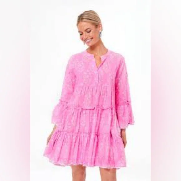 Juliet Dunn Orchid Small Flower Lurex Flared Sleeve Dress